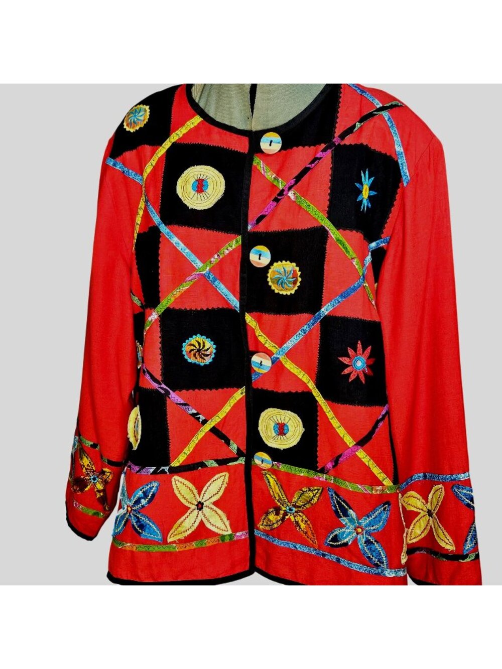 Woman's Maggie Barnes cottagecore patchwork art deco red boho art jacket XL